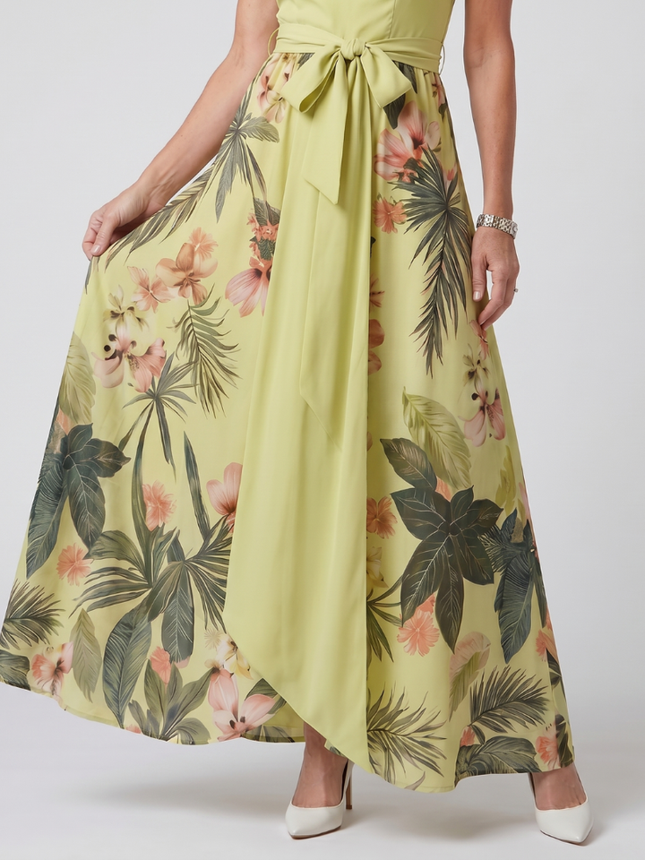 Sandra | Draped Halter Botanical Panel Maxi Dress
