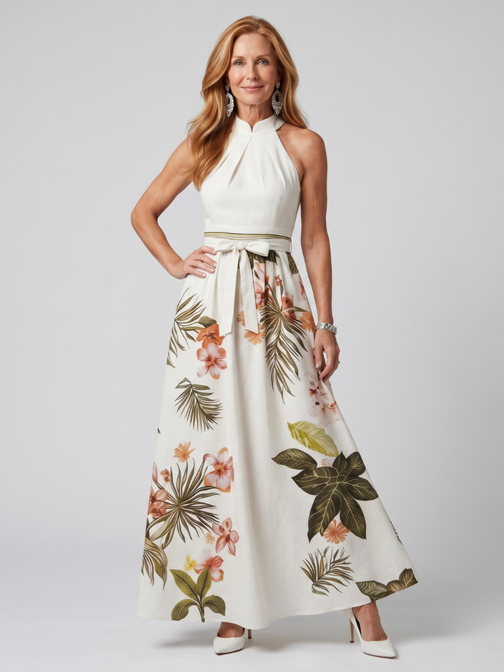 Sandra | Draped Halter Botanical Panel Maxi Dress