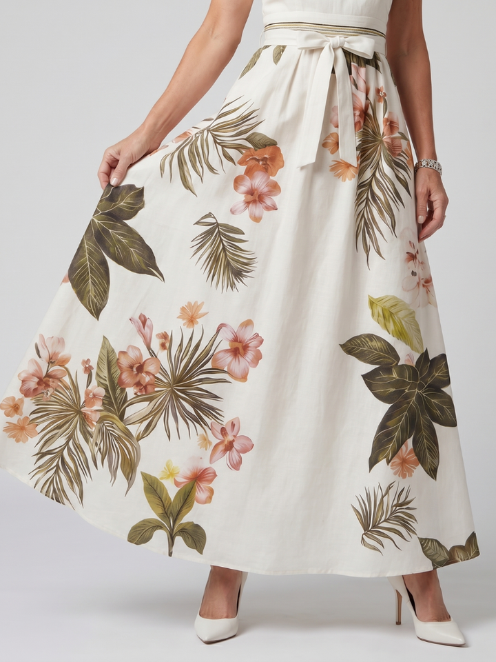 Sandra | Draped Halter Botanical Panel Maxi Dress