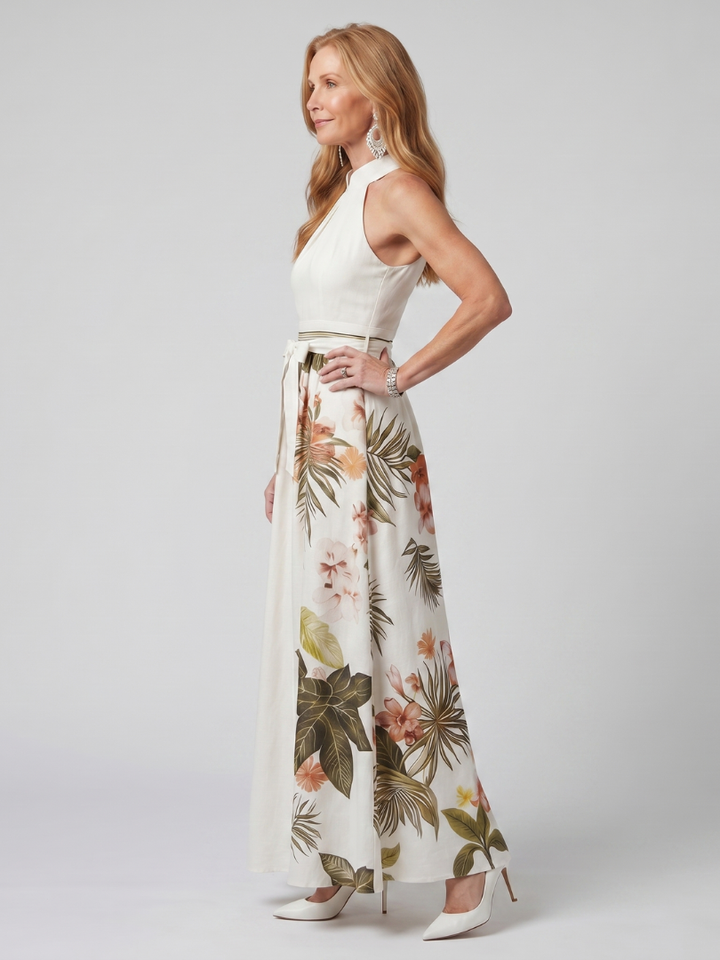 Sandra | Draped Halter Botanical Panel Maxi Dress