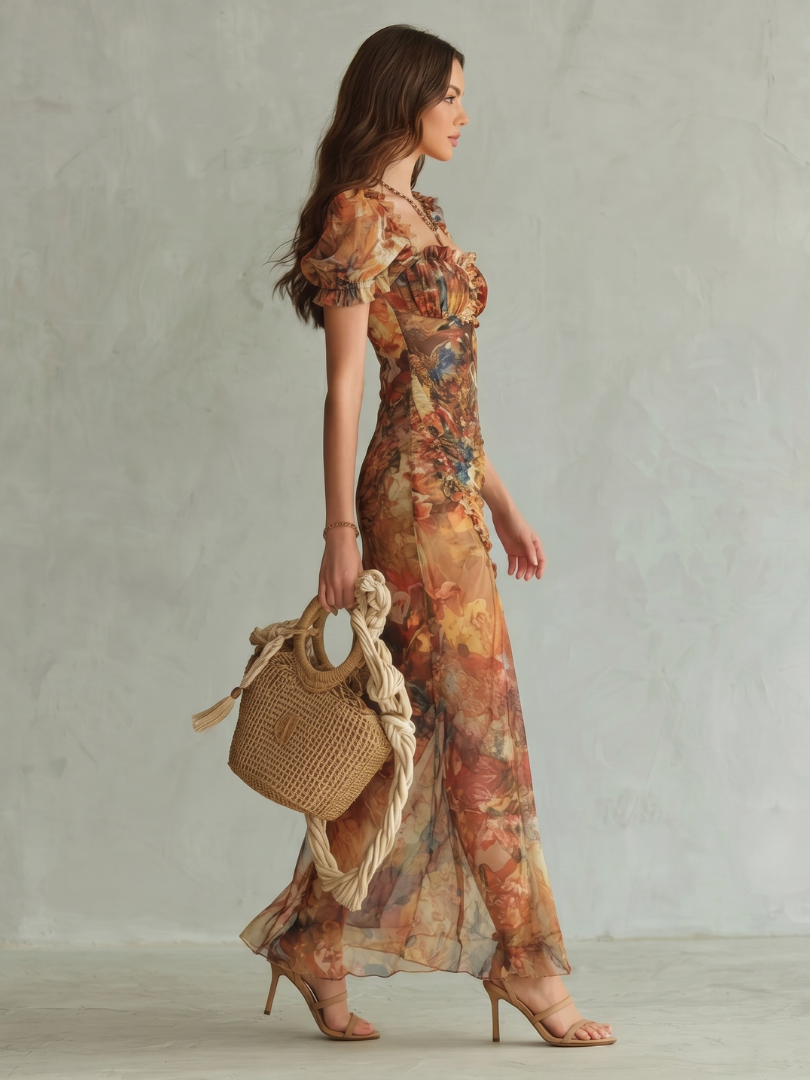 Celia | Ruffled Sleeve, Ruched Slit Midi Dress