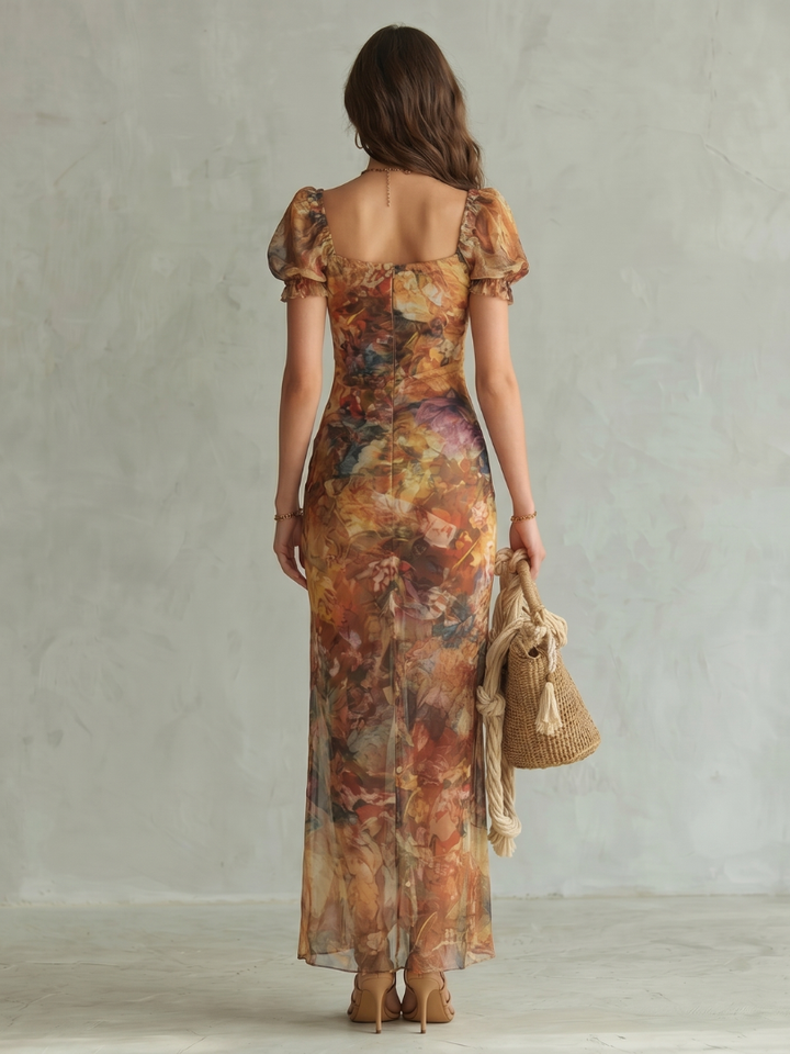 Celia | Ruffled Sleeve, Ruched Slit Midi Dress