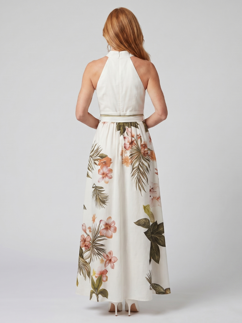 Sandra | Draped Halter Botanical Panel Maxi Dress