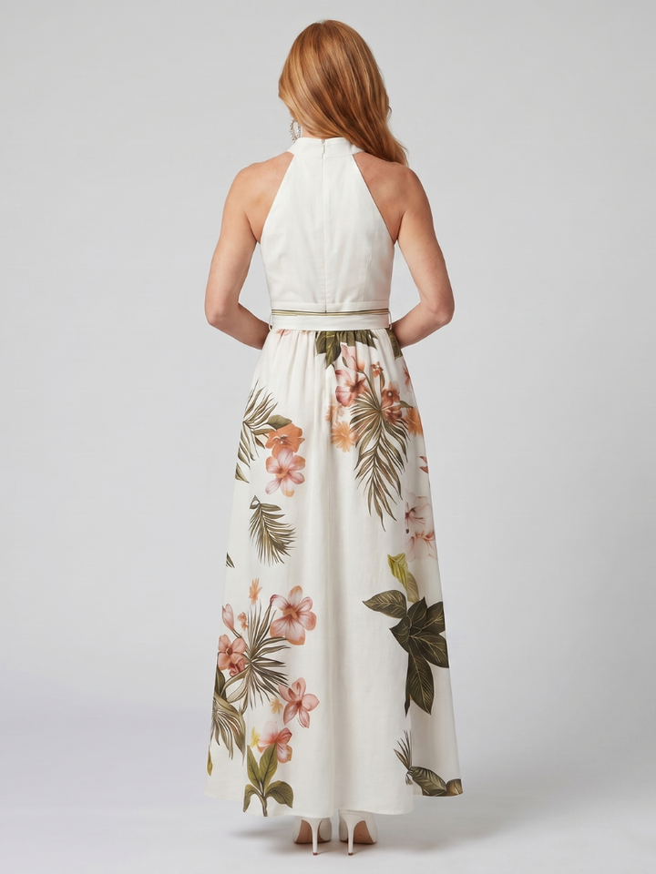 Sandra | Draped Halter Botanical Panel Maxi Dress