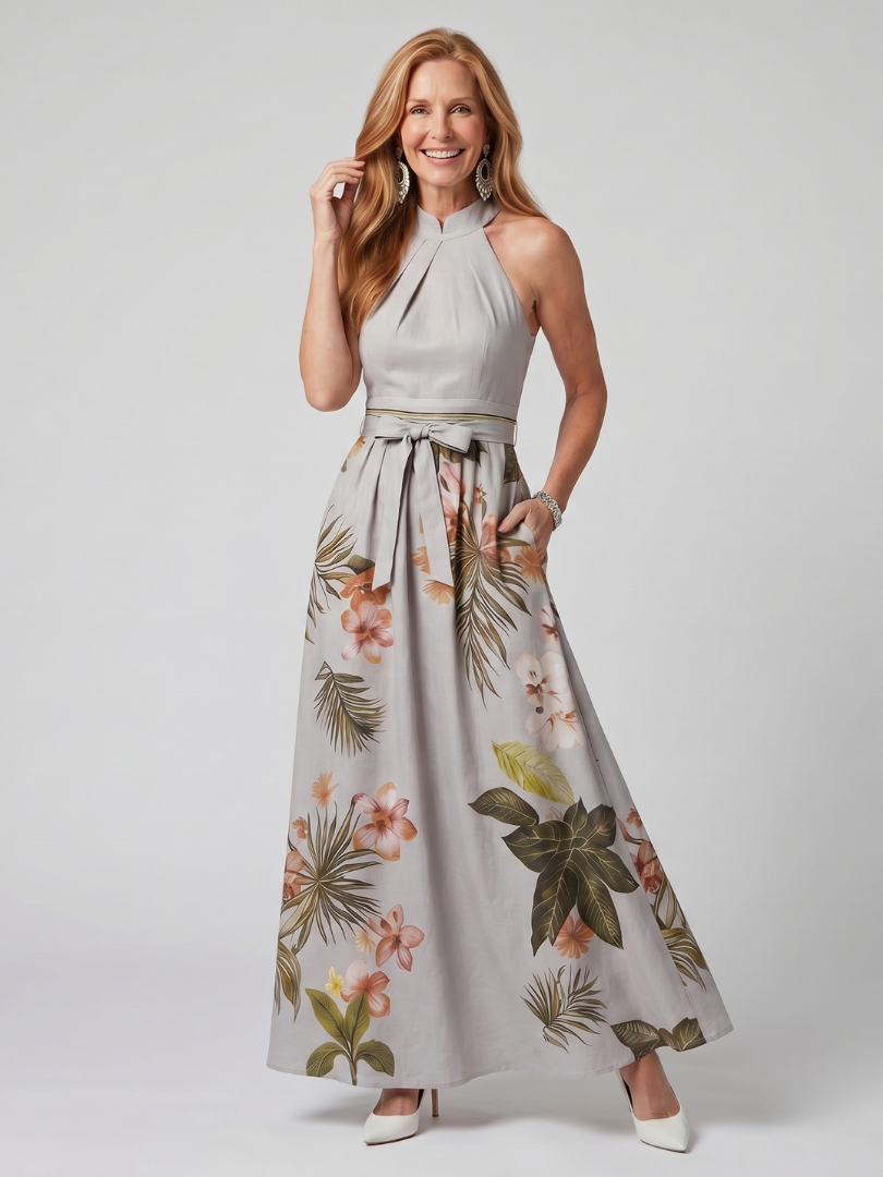 Sandra | Draped Halter Botanical Panel Maxi Dress
