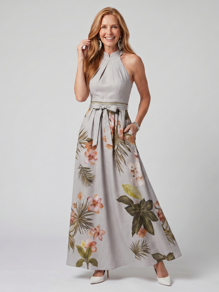 Sandra | Draped Halter Botanical Panel Maxi Dress