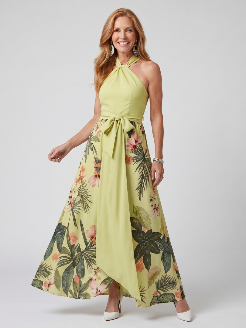 Sandra | Draped Halter Botanical Panel Maxi Dress
