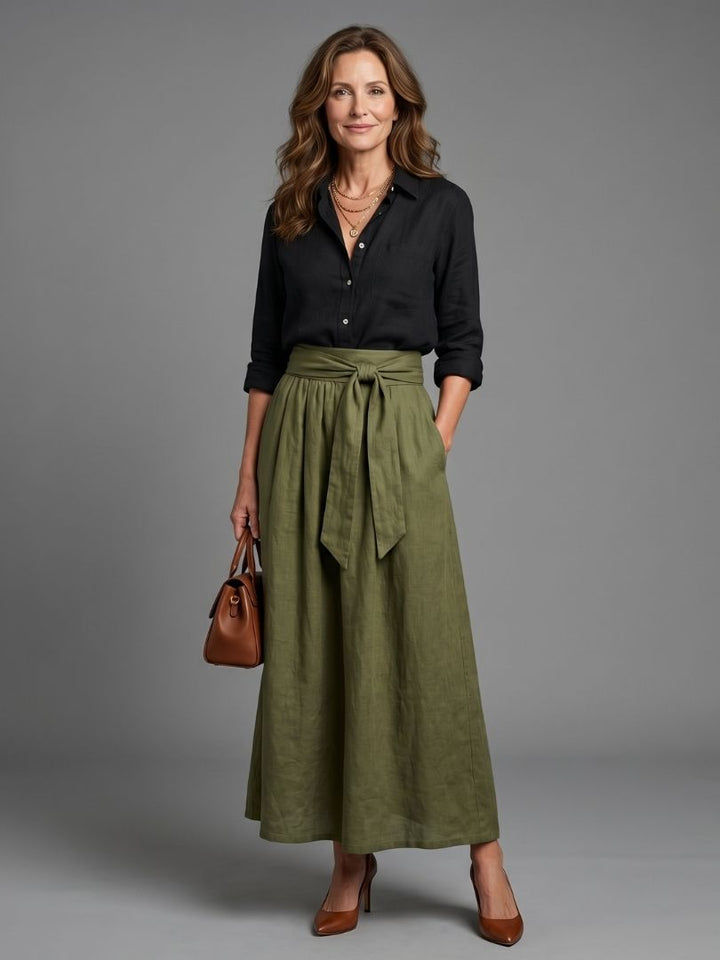 Vera | Two-Piece Set – Black Blouse & Olive Green Midi Skirt