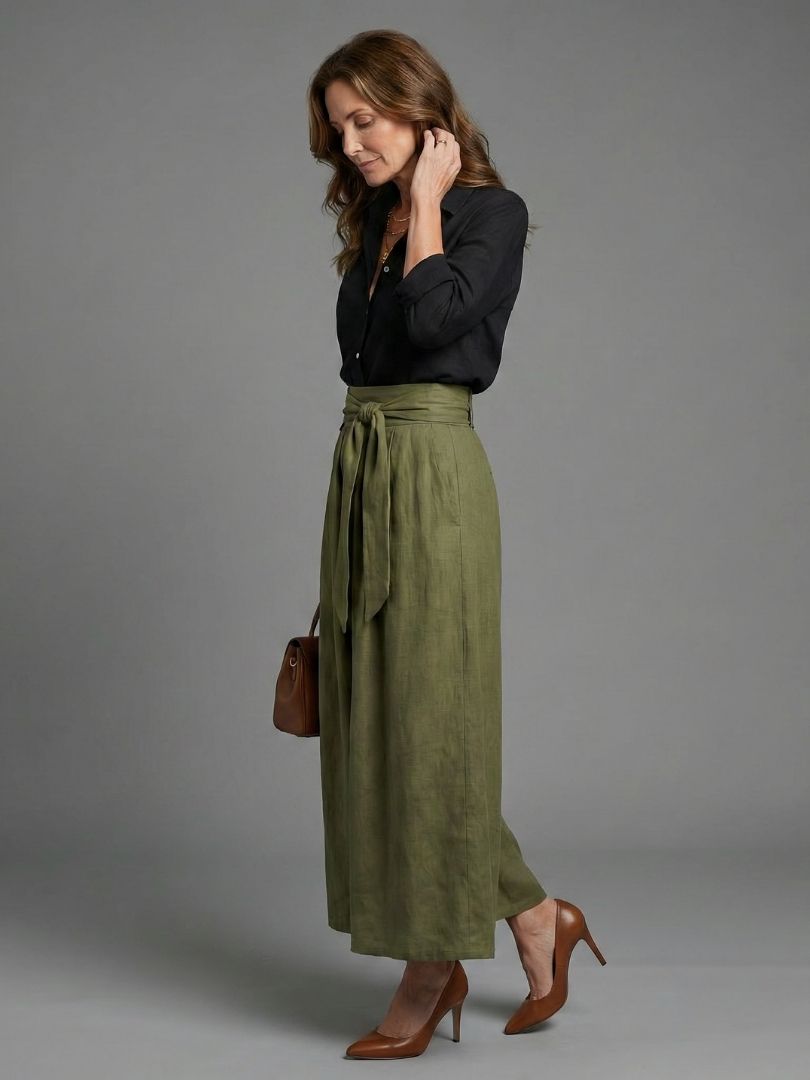Vera | Two-Piece Set – Black Blouse & Olive Green Midi Skirt
