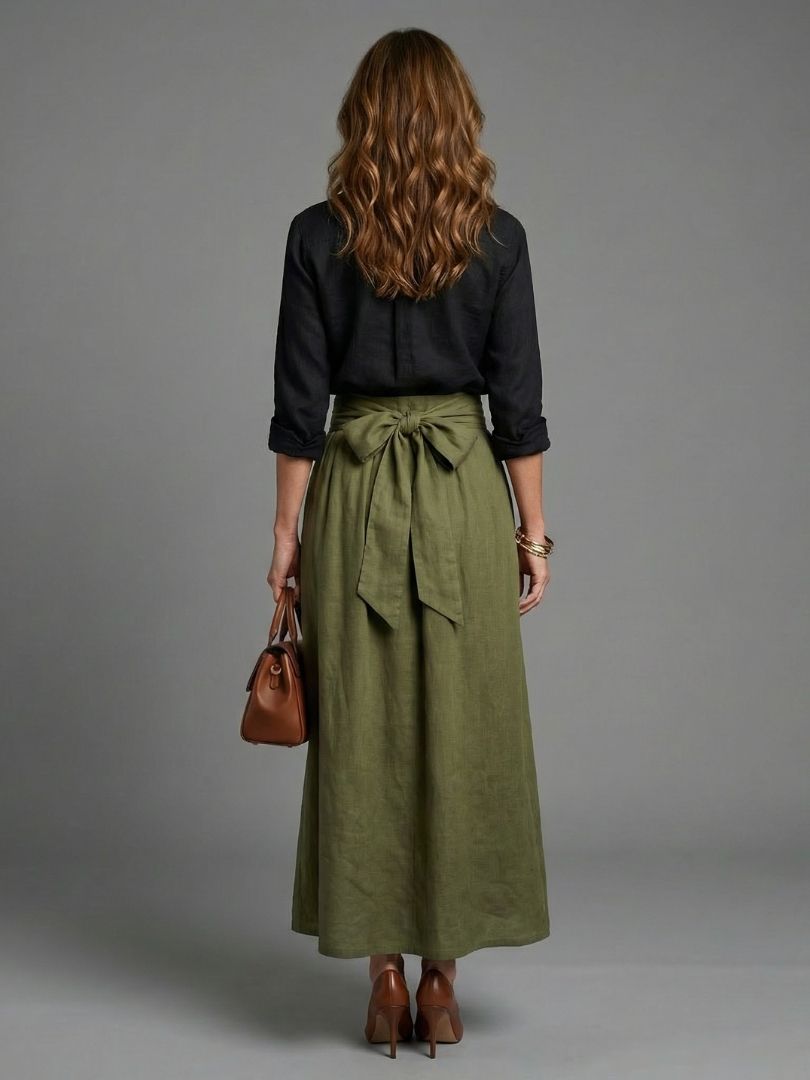 Vera | Two-Piece Set – Black Blouse & Olive Green Midi Skirt