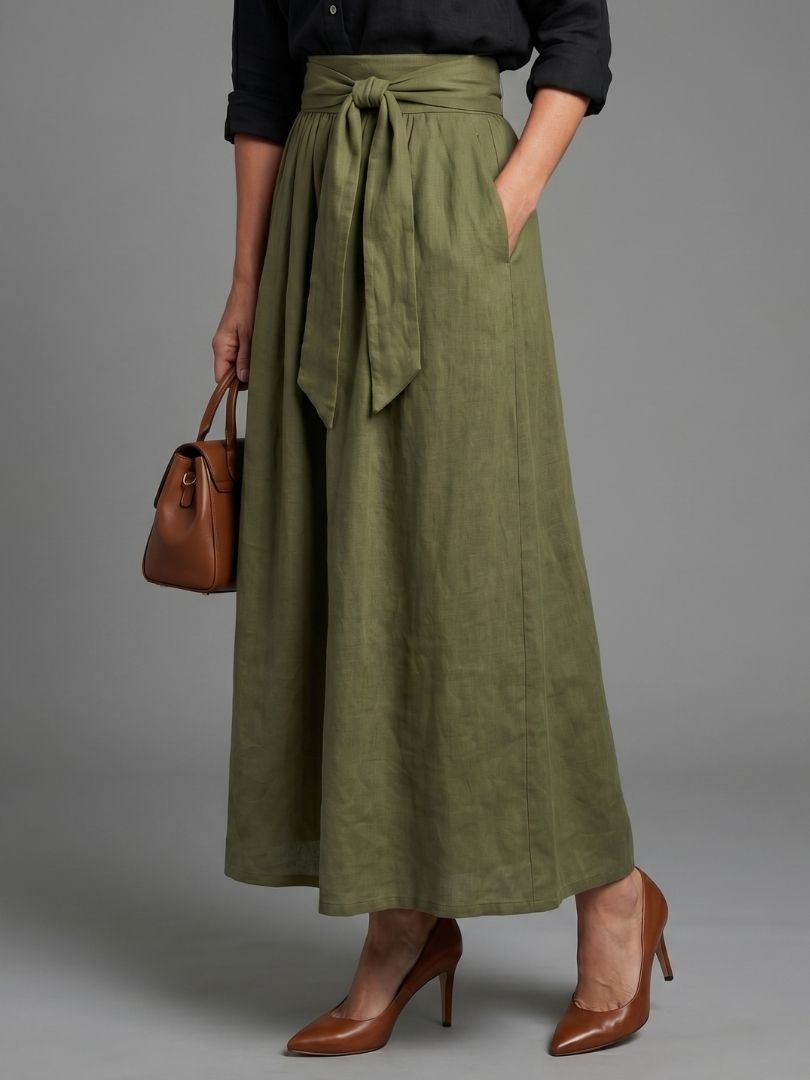 Vera | Two-Piece Set – Black Blouse & Olive Green Midi Skirt
