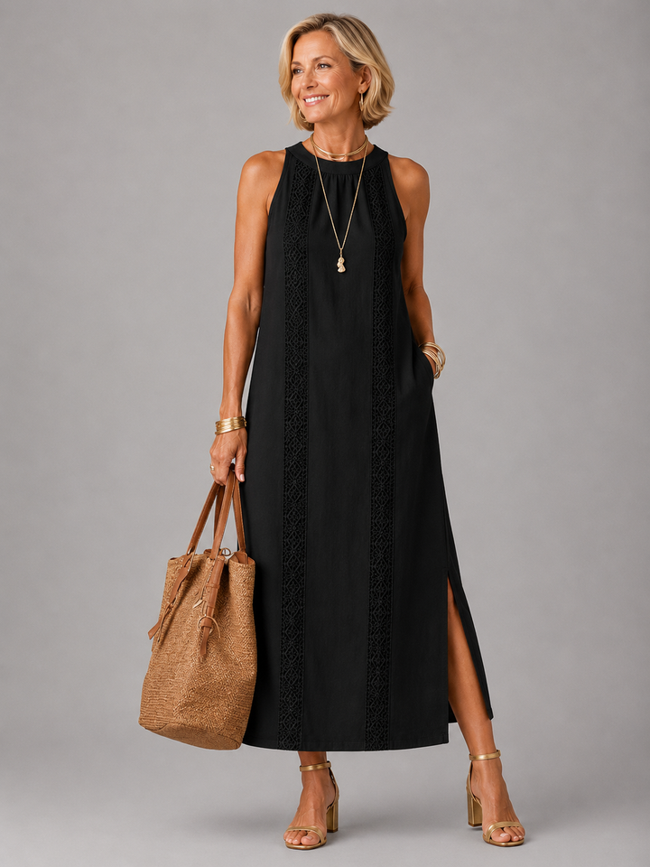 Jimena | Relaxed Embroidered Mandarin Collar Midi Dress