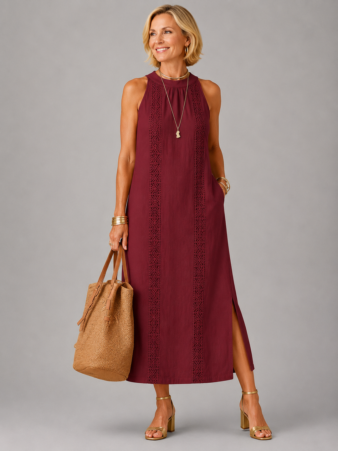 Jimena | Relaxed Embroidered Mandarin Collar Midi Dress