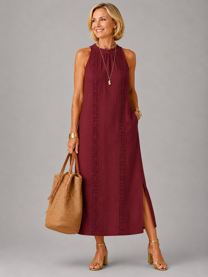 Jimena | Relaxed Embroidered Mandarin Collar Midi Dress