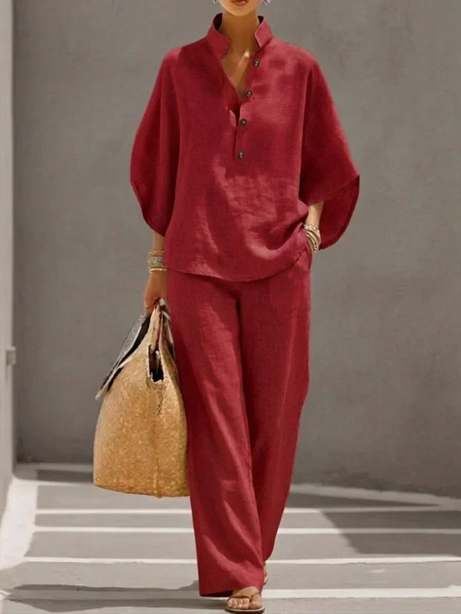 Sophie | Linen Set with Batwing Sleeves and Wide Pants