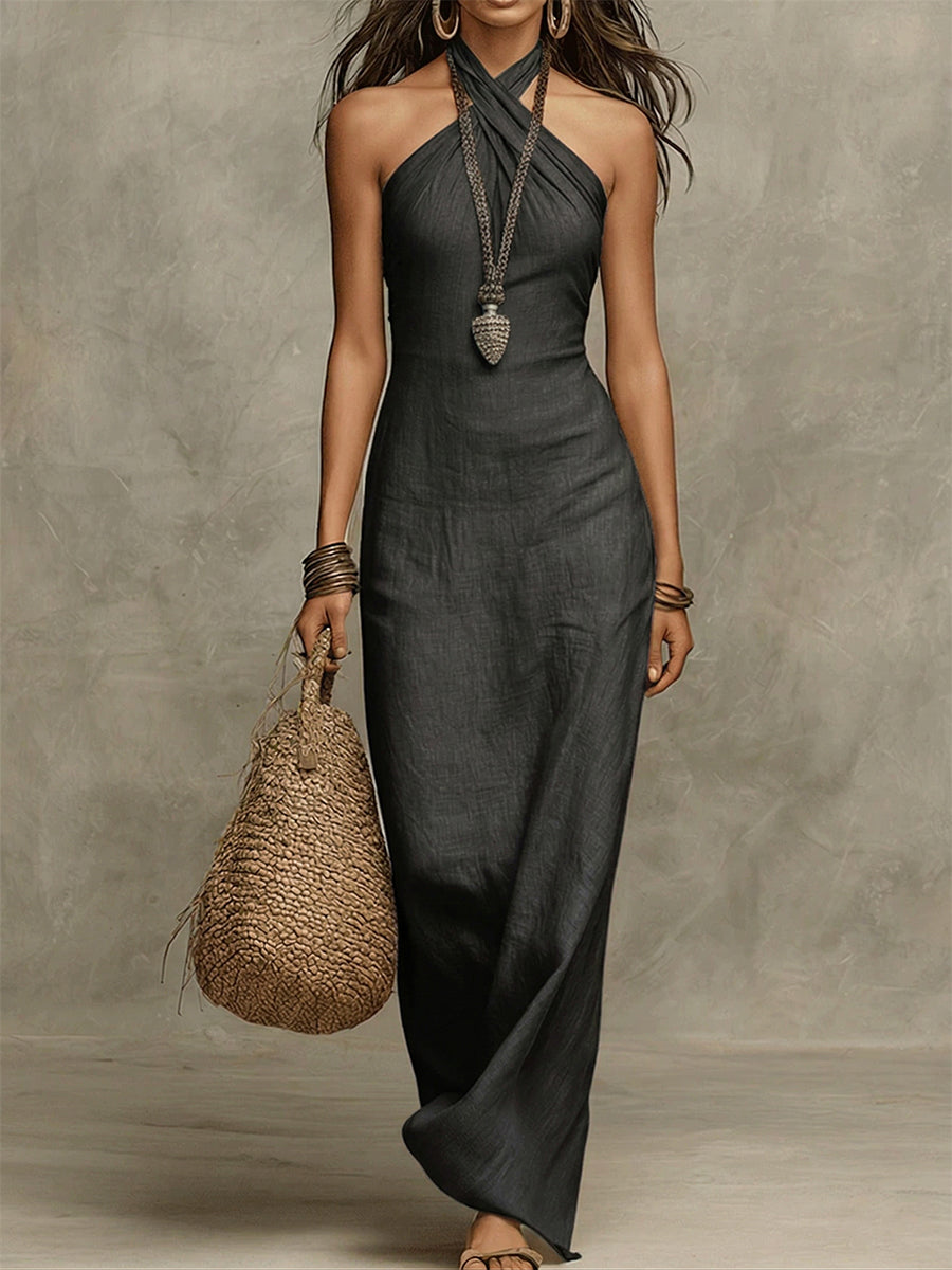 Avelina™ – Voluminous Long Cotton and Linen Dress, American Collar